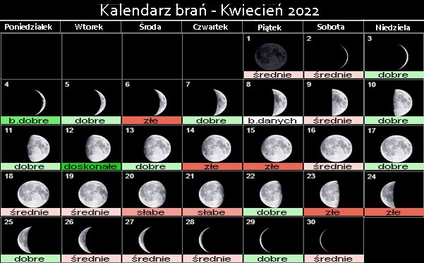 Kalendarz brań ryb Kwiecień 2022